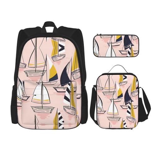 WURTON Rosa Skizze Segeldruck Rucksack Set Schule Büchertasche mit Lunchtasche Federmäppchen Kombination Schulranzen Set