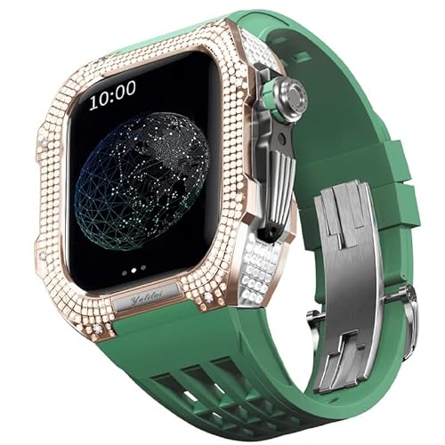 TONECY Gummiarmband, Lünette aus Titanlegierung für iWatch SE/4/5/6, Apple Mod Watch-Zubehör, Ersatz-Edelstahlgehäuse für iWatch SE-Serie, 44 mm (Farbe: Grün 4, Größe: 44 mm)