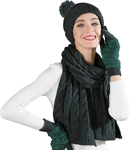 OROOTL Mütze, Schal & Handschuh Sets für Damen Winter, Touchscreen-Handschuhe Bommelmütze Handschuh Gestrickt Beanie Schnee Hut Warme Winterset 3 IN 1 für Mädchen, Frauen