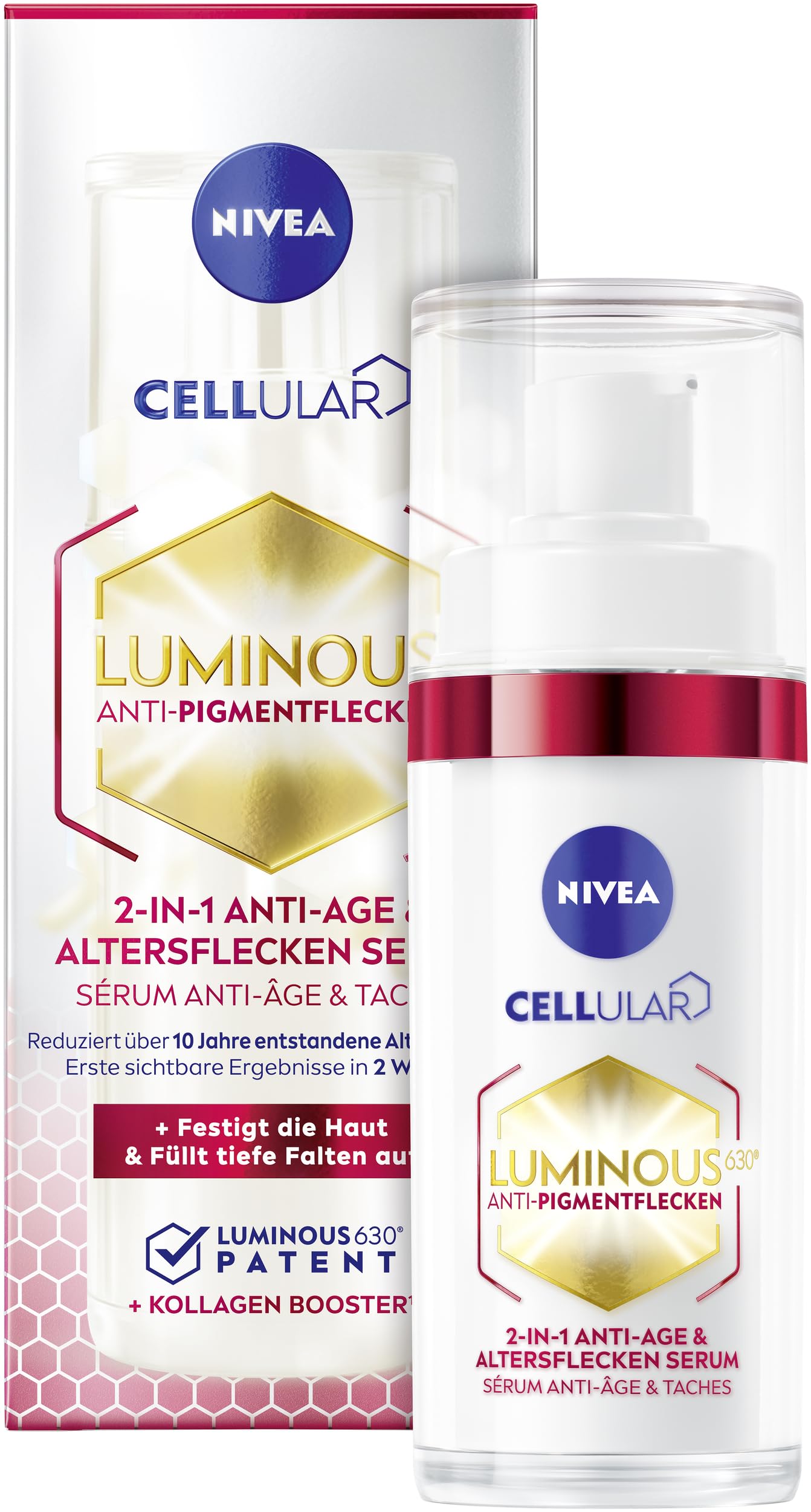 NIVEA Anti-Aging Serum gegen Pigmentflecken, Gesichtspflege mit Kollagen Booster und Hyaluronsäure für reife Haut, Cellular LUMINOUS630® 2-in-1 Anti-Age & Altersflecken Serum (30 ml)