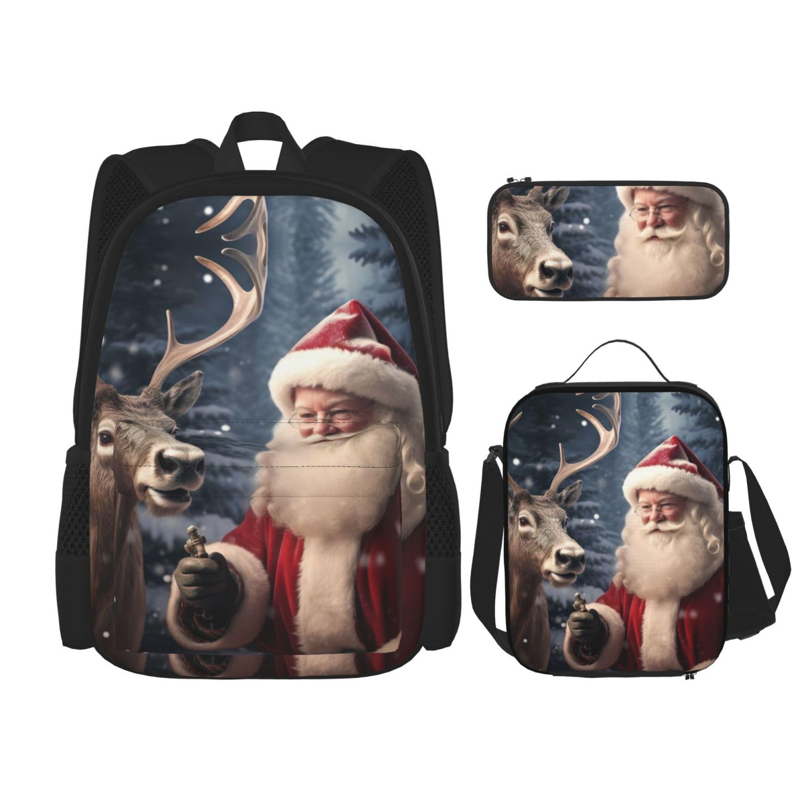 WURTON Weihnachtsmann Druck Reise Lunchbox Federmäppchen Rucksack Set 3 Stück Verstellbare Träger Leicht, Schwarz, Einheitsgröße