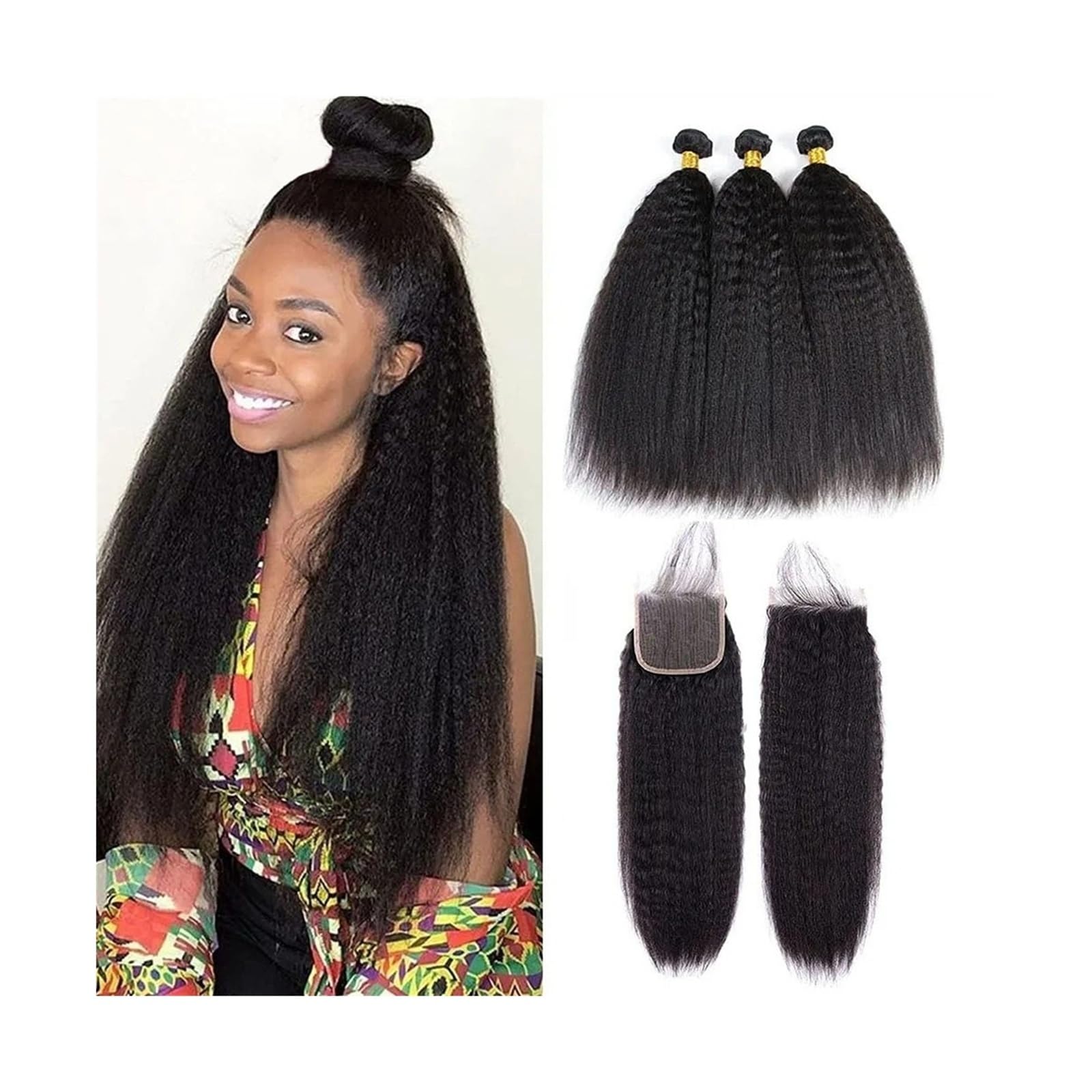 Bundles mit Verschluss Verworrene gerade Bundles mit Verschluss, Echthaar, 3/4 Bundles mit Verschluss, brasilianische Remy-Yaki-Haarverlängerung, natürliches Schwarz, vorgezupft, mit Babyhaar Hair Gef