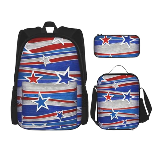 WURTON Schulterrucksack, Motiv: Patriotische Sterne, Streifen, Muster, 3-in-1, Büchertaschen-Set, Lunchbox, Federmäppchen, Reisen, Laptop, Tagesrucksäcke, Schwarz, Einheitsgröße