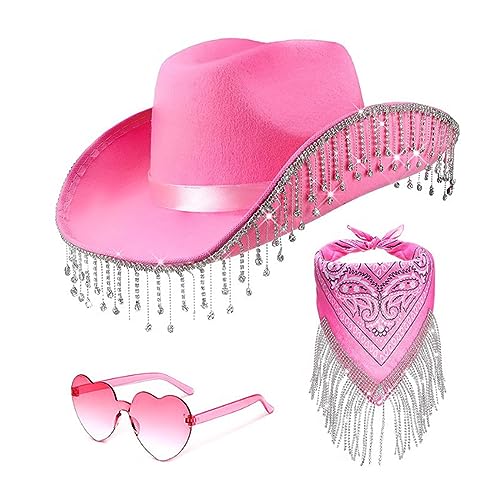 MEELYHOME Cowboy-Kostüm mit Quasten, Western-Kostüm, breite Krempe, Hut, Halstuch, Sonnenbrille, Set, Cosplay, Party, Kostümzubehör, 3-teiliges Cowgirl-Hut-Set, Partyzubehör