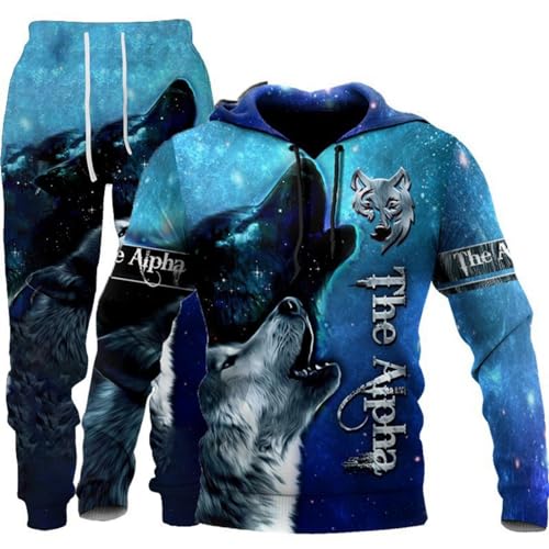 RIAAJ Herren Sets Trainingsanzüge Wolf 3D gedruckt Herren Hoodies + Sweatpants Zweiteiliger Anzug (F-Wolf- 4,M)