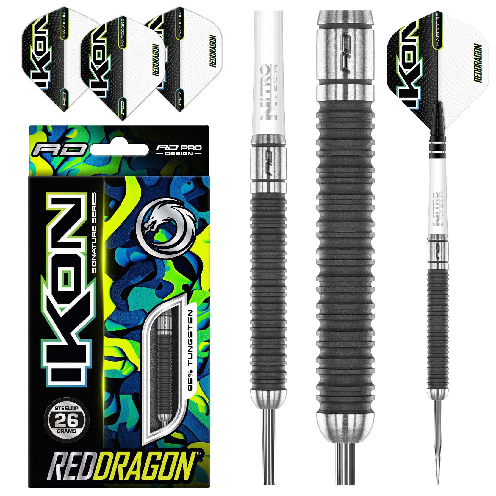 RED DRAGON Ikon 1.4 26 Gramm Professionelles Wolfram Steeltip Dart Set mit Flights und Schäften