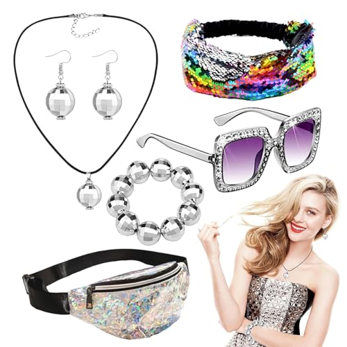 Weppduk Discokugeln Ohrringe Halskette Armband, 70er Jahre Disco Stirnband Discokugel Armband Ohrringe Hüfttasche | 70er-Jahre-Disco-Stirnband, Disco-Kugel, Armband, Ohrringe, Hüfttasche für Mädchen -