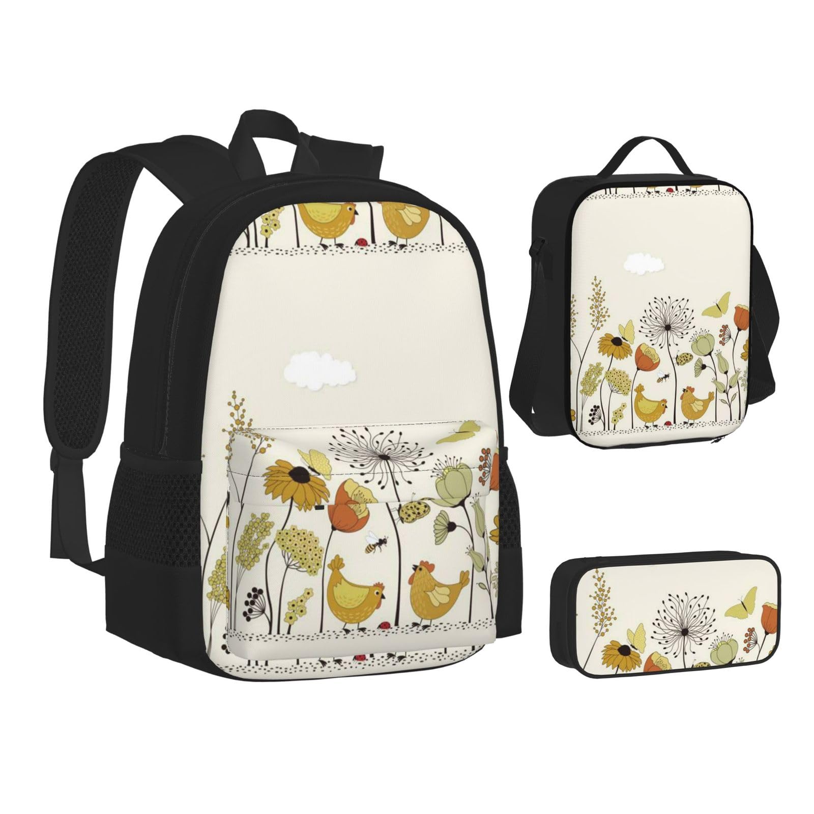 WURTON Lunchbox-Set, Motiv: Henne fliegende Schmetterlinge unter Blumen, Rucksack, 3-in-1 Büchertasche und Federmäppchen, passende Kombination, Schwarz, Einheitsgröße