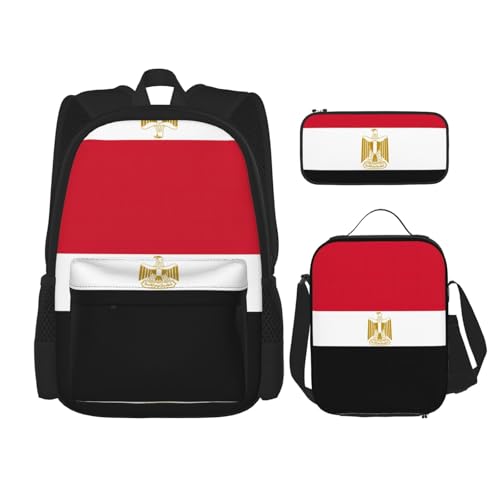 WURTON Rucksack mit ägyptischer Flagge, 3-in-1, Büchertaschen-Set, Lunchbox, Federmäppchen, Reise-Laptop-Tagesrucksäcke, Schwarz, Einheitsgröße