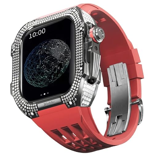 TONECY Gummiband, Titan-Lünette für Apple Watch 7/6/5/4/SE, Apple Mod Watch-Zubehör, Ersatz-Titan, Luxus-Gehäuse, kompatibel mit iWatch Serie 44 mm mit Werkzeug (Farbe: Rot 5, Größe: 44 mm)