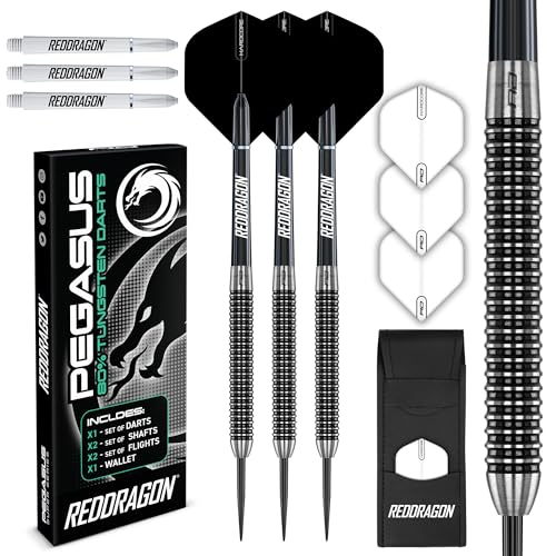 RED DRAGON Pegasus Tungsten Steel DARTPFEILE - 25 Gram - Black Shafts, Black Flights und Case