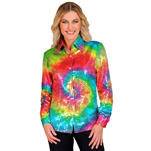 Widmann - Party Fashion Pailletten Bluse für Damen, Regenbogen, Psychedelic, Disco Fever, Schlagermove, Damenhemd