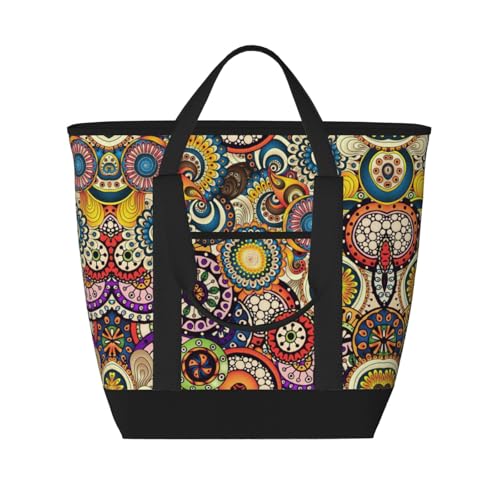 YQxwJL Ethnische Kreise, Blumenmuster, große Kapazität, isolierte Lunchtasche, wiederverwendbare Einkaufstasche mit Reißverschluss, für Damen und Herren