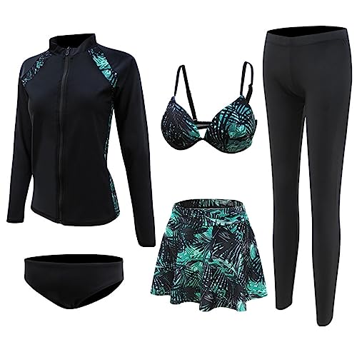 RUIZE 5-teiliges Set Damen-elastischer Surfanzug,Ganzkörper-Langarm-Badeanzug mit Reißverschluss und UV-Schutz,Badekleid mit Bikinirock,für Surf-,Schnorchel-,Kajak- und Yoga-Sportarten,Schwarz,M