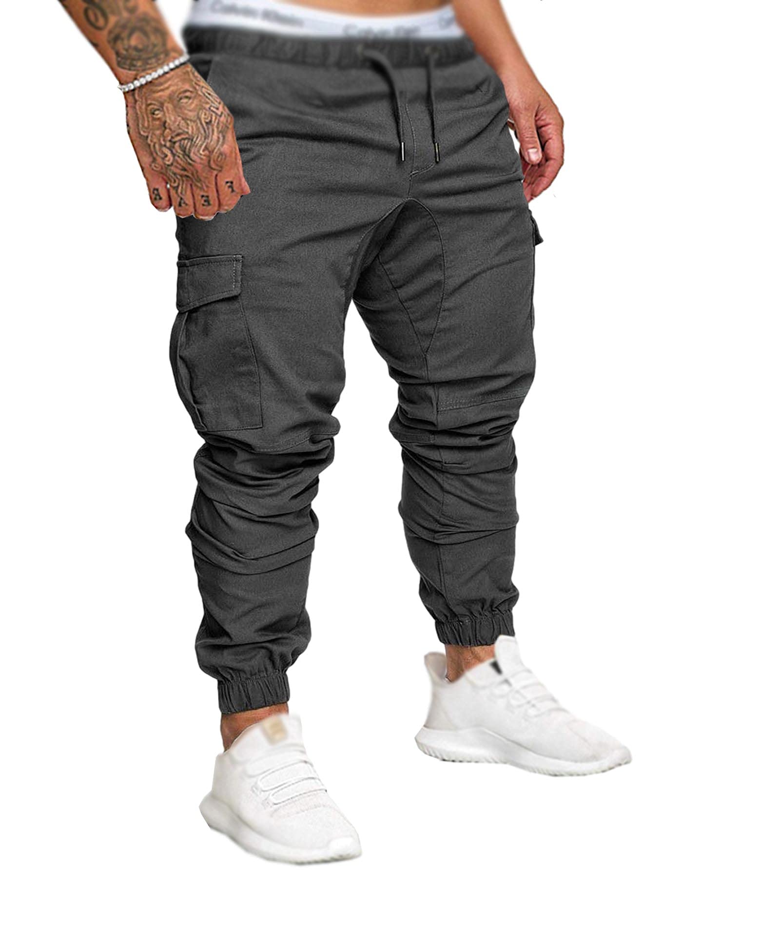 SOMTHRON Herren Elastische Taille Gürtel Baumwolle Jogging Sweat Hosen Plus Size Mode Lange Sports Cargo Hosen Shorts mit Taschen Joggers Activewear Hosen, Dark Grey, XL