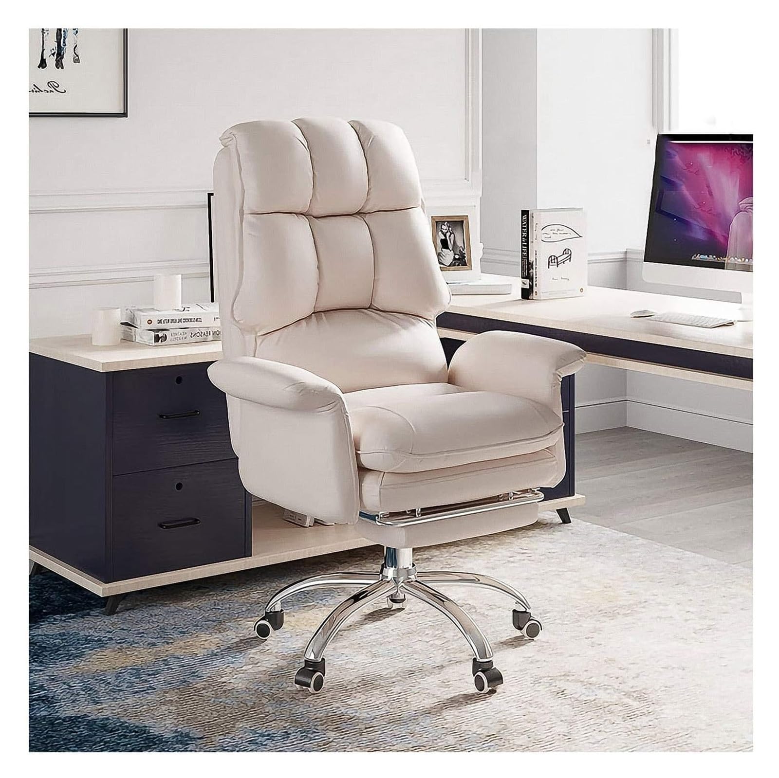 BFVAKBKYT Home Office Ergonomischer Schreibtischstuhl, Executive Commercial Drehstuhl, Verstellbarer Bürostuhl mit hoher Rückenlehne, moderner Drehstuhl aus Pu-Leder mit Fußstütze(White)