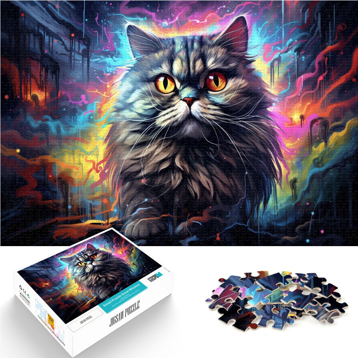 Puzzle-Geschenk, Bunte psychedelische Perserkatze, 1000-teiliges Puzzle, Lernspiele, Holzpuzzle, Geschenke für Freunde und Familie, 1000 Teile (50 x 75 cm)