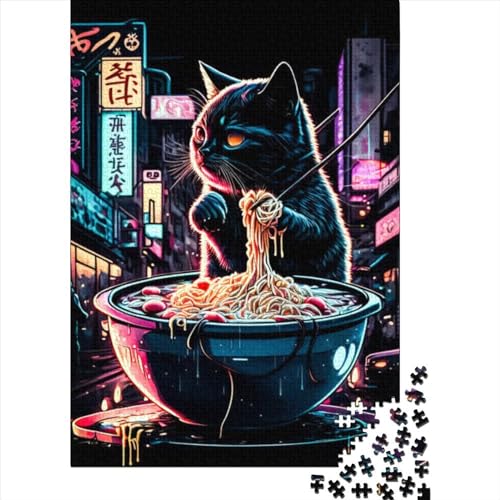 Cat Ramen Japan Holzpuzzle Puzzles für Erwachsene Teenager Erwachsenenpuzzle 1000 Teile Großes Holzpuzzle für Erwachsene (Größe 29,53 x 19,69 Zoll)