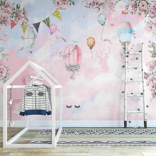 XLMING Cartoon Heißluftballon Rosa Wolken Blumen Kinder Küche Esszimmer Arbeitszimmer Wohnzimmer TV Hintergrund Wand 3D Tapete-250cm×170cm