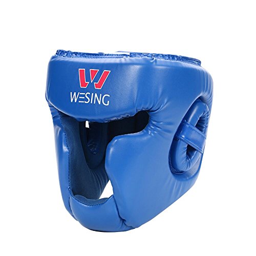 Wesing Kopfschutz für Boxen/Kampfsport, geschlossen, MMA, Kickboxen, Training - Blue Micro Fiber Leather - m