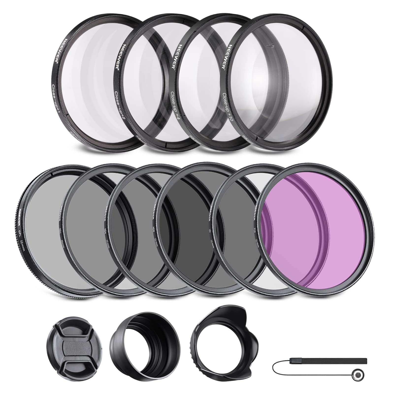 NEEWER 58mm ND Filter Set ND/CPL(Polfilter)/UV/FLD/Nahfilter Objektivzubehör ND2 ND4 ND8 Graufilter Set (+1/+2/+4/+10) Tulpen Blende, zusammenklappbarer Gummi Blende, Objektivdeckel, Filterbeute