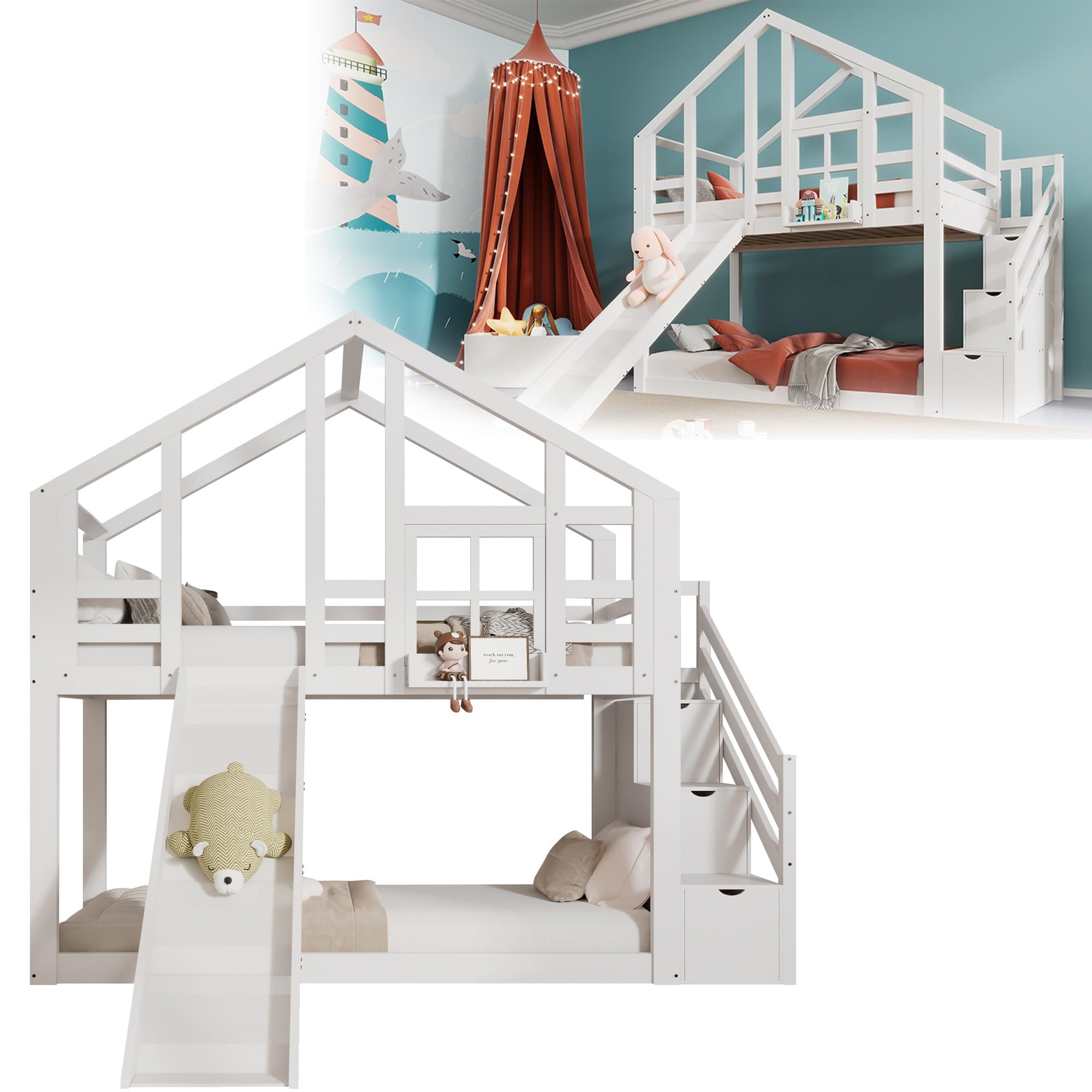 Qiang Kinderbett Hausbett Baumhaus mit Schublade und Rausfallschutz 90 x 200cm,Hochbett für Kinder 2X Lattenrost- 2 Schlafplätze- Weiß