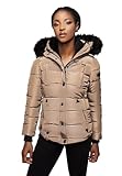 MARIKOO warme Damen Winter Jacke Winterjacke Steppjacke gefüttert Kunstfell B618 [B618-Lotus-Taupe-Gr.L]