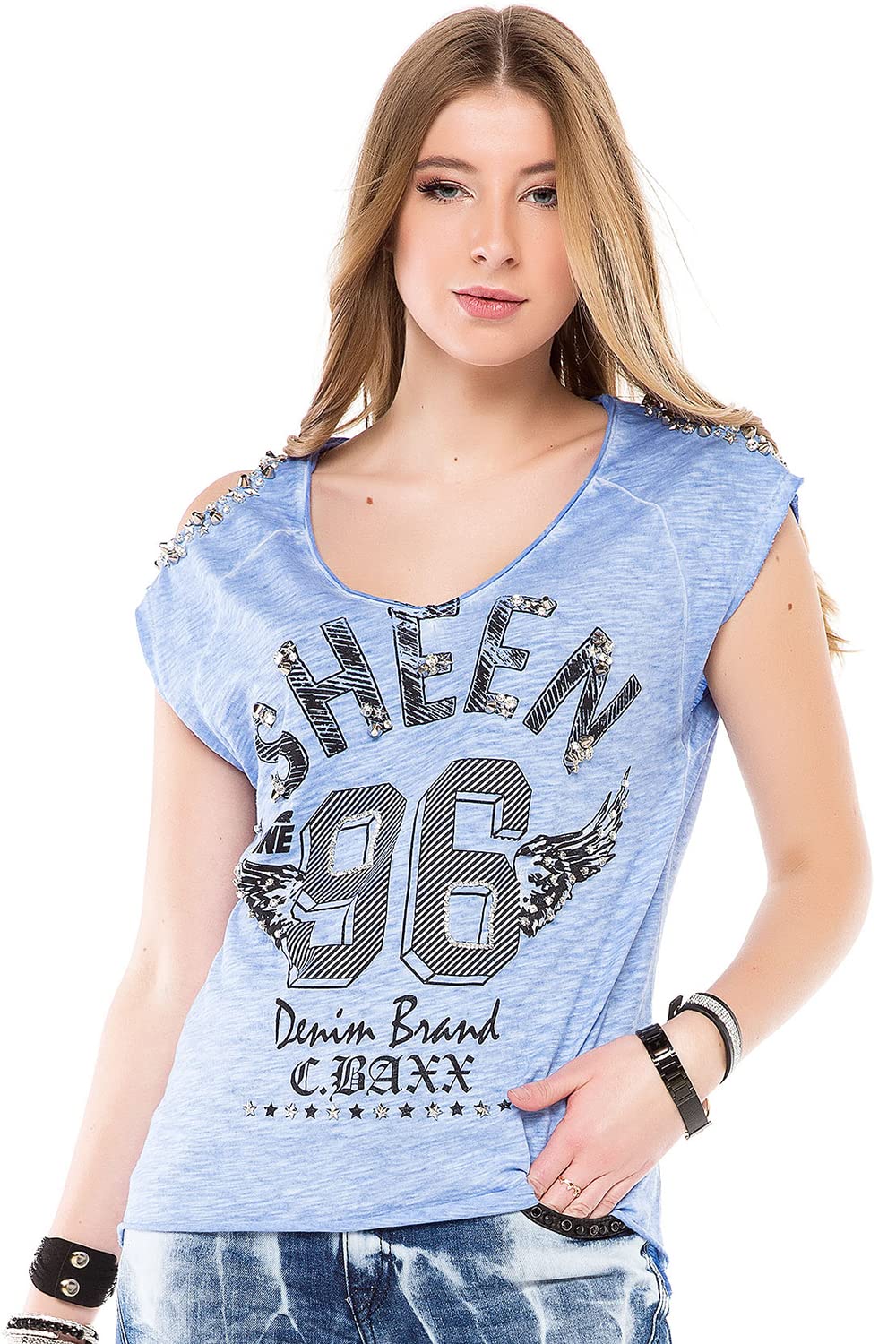 Cipo & Baxx Damen T-Shirt Rundhals Rückenfrei Print Steinstickerei Kurzarm Shirt WT237 Indigo L