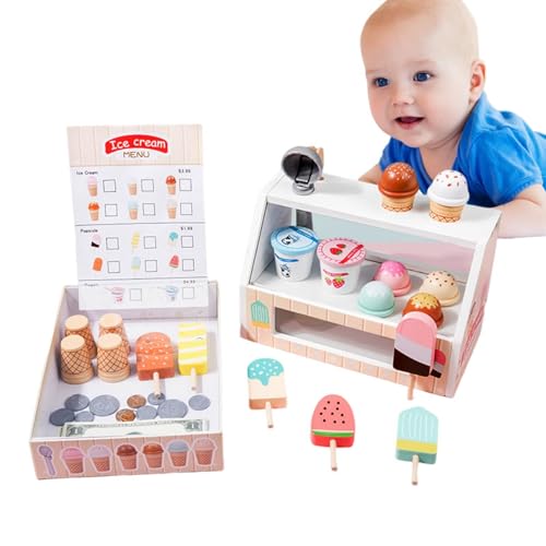 Eiscreme-Spielset,Eiscreme Spielen - Spiel-Eistheke aus Holz - Pretend Ice Cream Sets, interaktives Kinder-Eiscreme-Spielset für Geburtstags