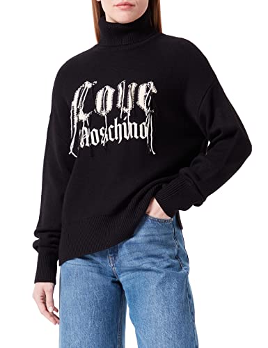 Love Moschino Women's Straight fit Turtleneck Particular Love Intarsia with Flying Threads and Embroidery Pullover Sweater, Black, 48