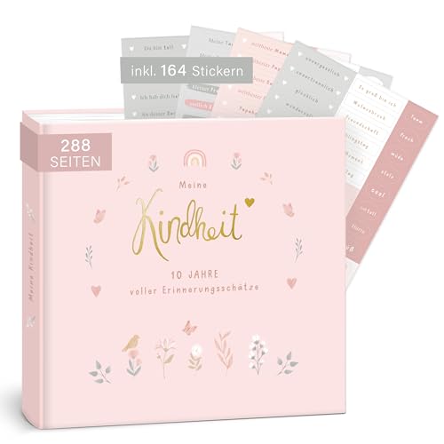 mintkind® "Meine Kindheit" Erinnerungsalbum Rosa Blumen Design + Sticker Set I deine ersten 10 Jahre I Fotoalbum Kinder Geschenke zur Geburt Babybuch zum Eintragen Tagebuch Kinder Album Geschenk Kind