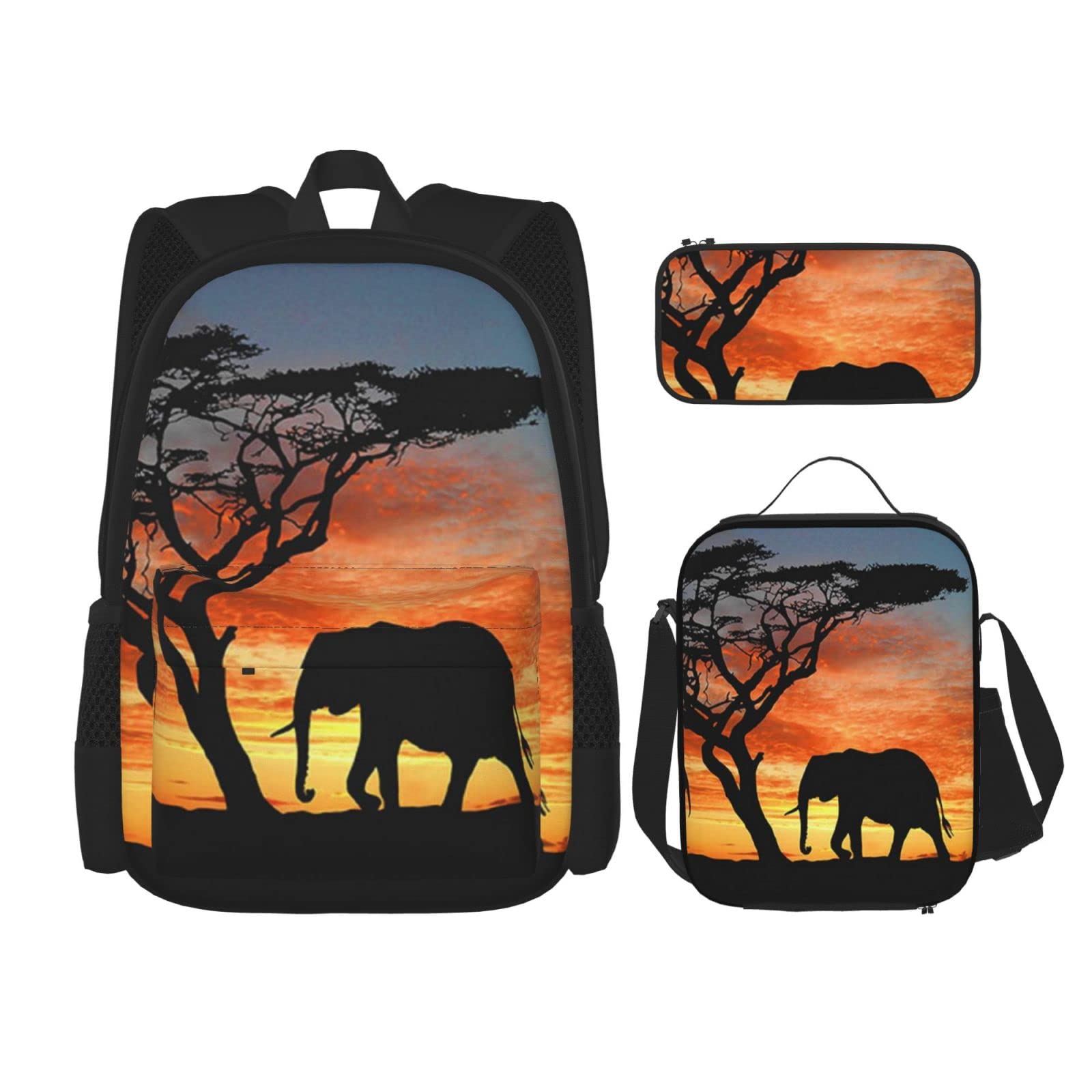 DENMER Mehrzweck-Schulranzen mit tropischem Strand, Palme, Sonnenuntergang, mit passendem Federmäppchen und Lunch-Tasche, Ihre stilvolle All-in-One-Lösung, Afrikanischer Elefant, Einheitsgröße