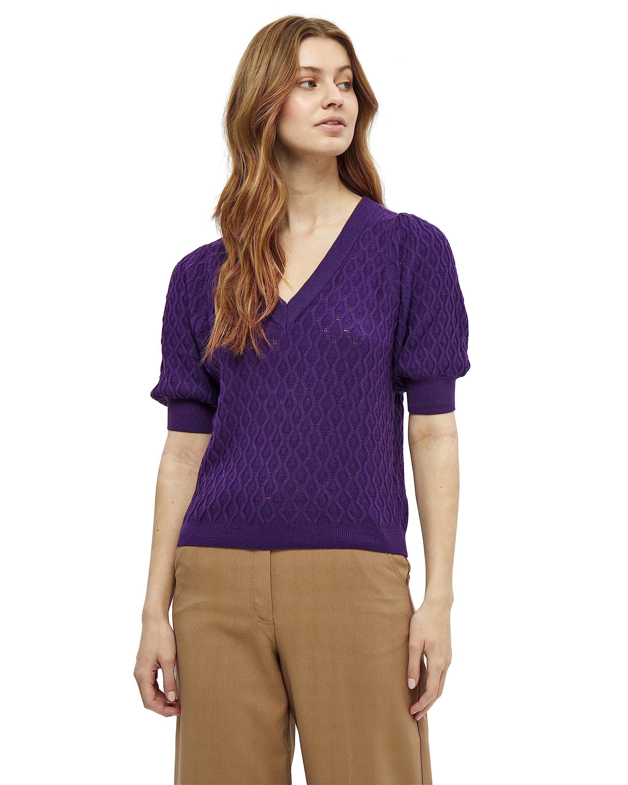 Peppercorn Damen Rosalia V-neck Half Sleeve Knit Strick-T-Shirt mit V-Ausschnitt und halben Ärmeln, 1632 Imperial Purple, XS