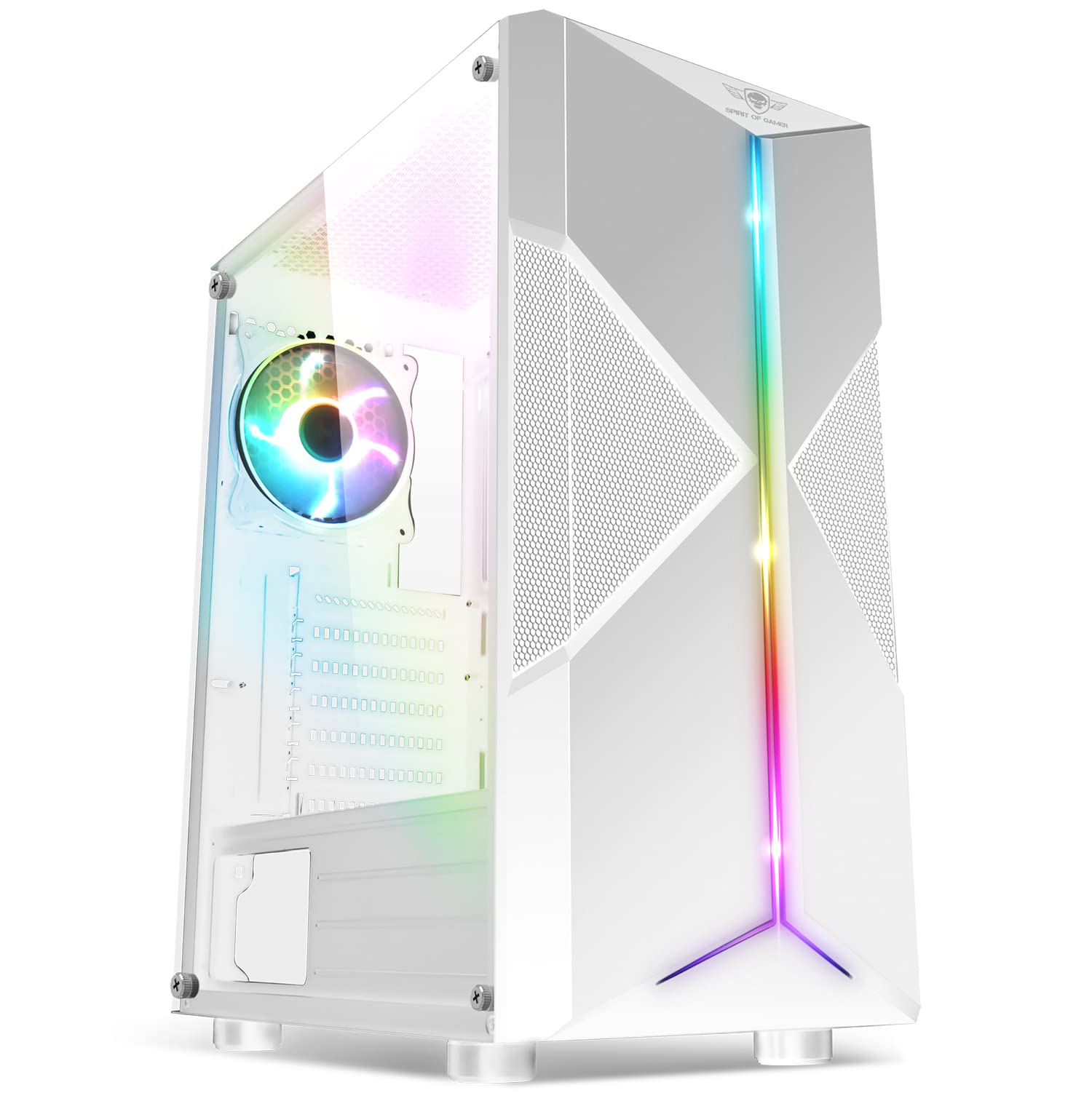 Spirit of Gamer - Clone III | PC Gehäuse Weiß RGB | Kompatibel ATX/mATX/ITX | Leerer Gaming Tower mit Seitenwand aus gehärtetem Glas | 2 PC Lüfter 120 mm, Davon 1 ARGB inklusive