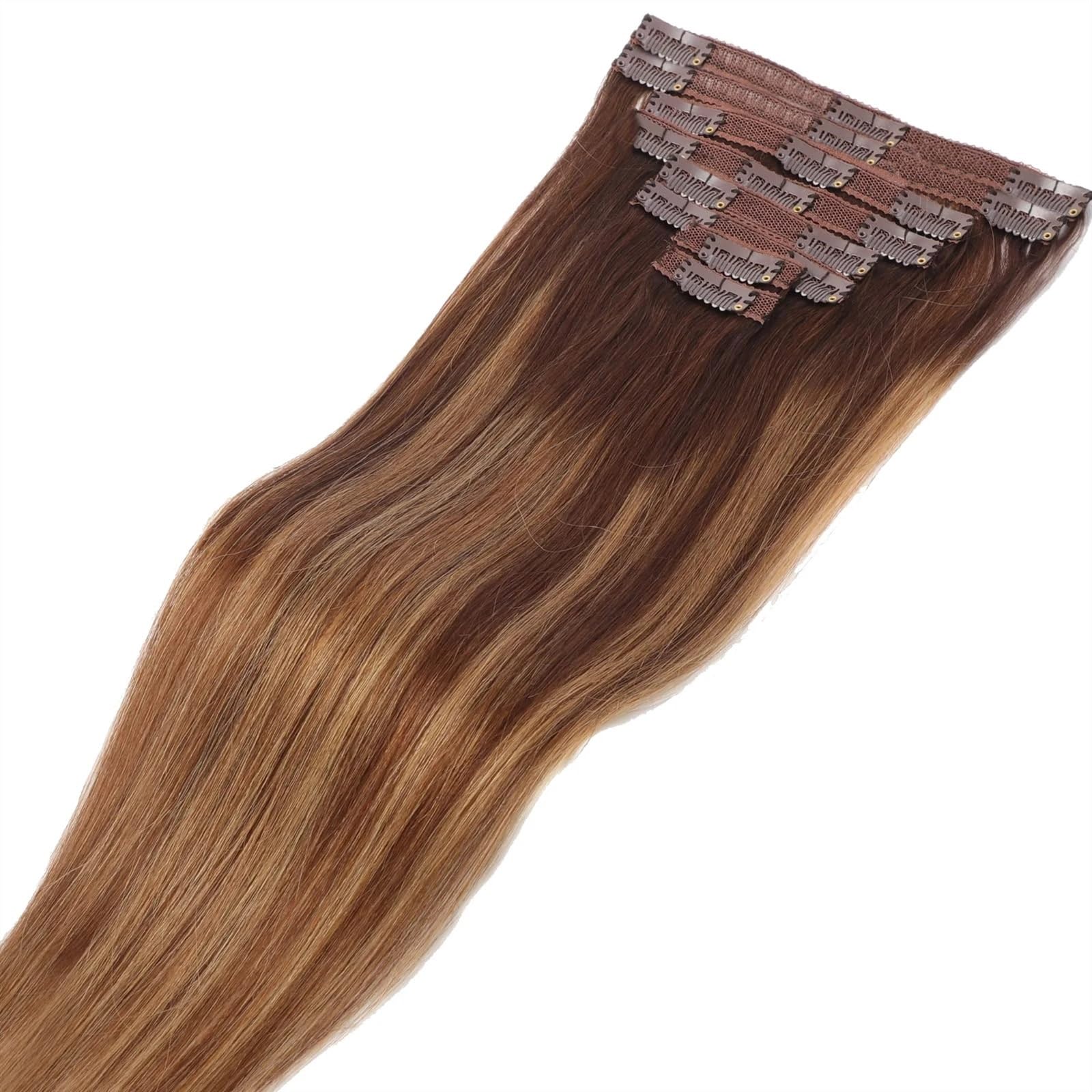 Clip-in-Haarverlängerungen Clip-in-Haarverlängerungen, gesträhntes Echthaar, Balayage-Haarverlängerungen, gemischtes Haar, 8 Stück, 120 g, feines Haar, voller Kopf, seidig glatt, 100% Echthaar-Clip-i