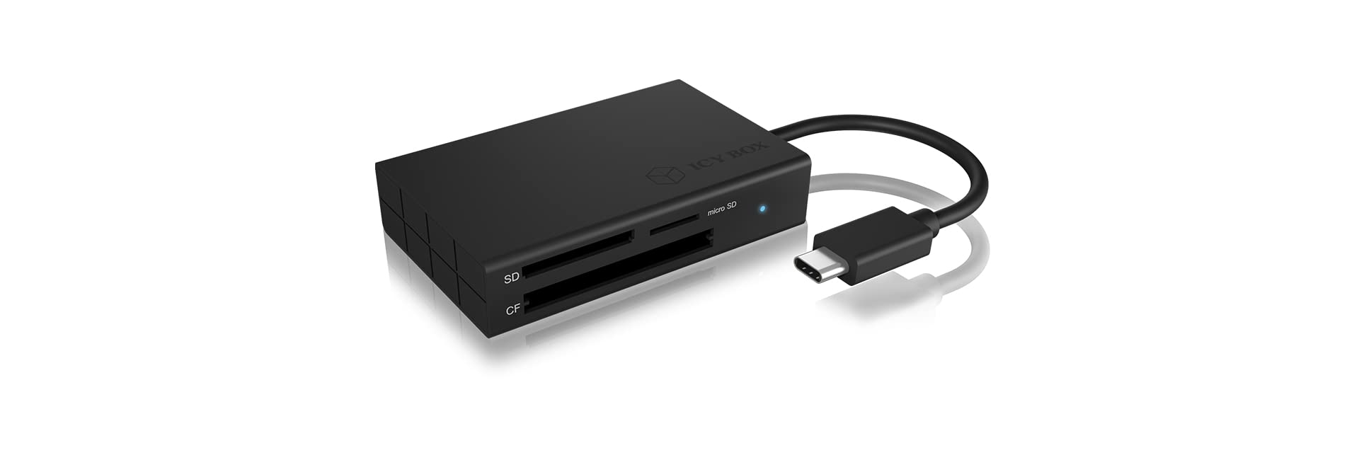 ICY BOX IB-CR401-C3 USB 3.0 Type-C Kartenleser für CF, SD und microSD Speicherkarten, SD 4.0/UHS-II, Aluminium, integriertes Kabel, schwarz