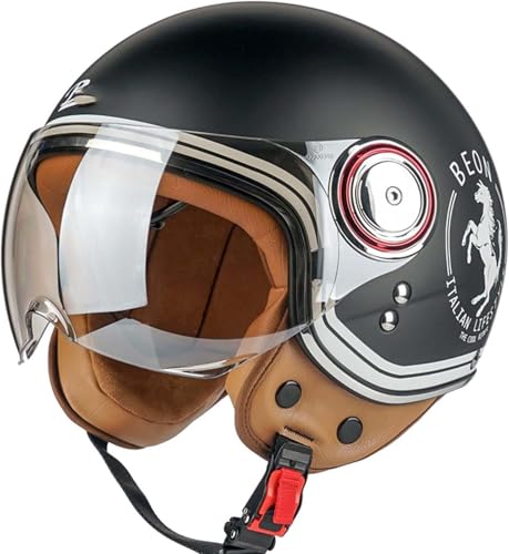 Retro-Halbjet-Helm Mit Offenem Gesicht,Rollerhelm,DOT/ECE-Zugelassener Motorrad-Schalenhelm Mit Visier,Offenes Gesicht, Klassischer Vintage-Jet-Motorradhelm Für Männer Und Frauen I,L57-58cm