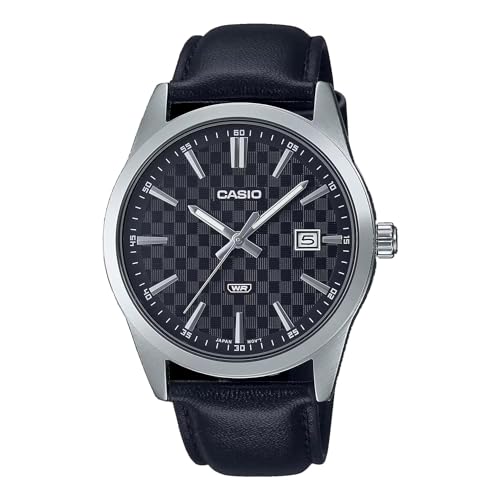 Casio MTP-VD03L-1A Herren-Armbanduhr, schwarzes Lederband, schwarzes Zifferblatt, 3 Zeiger, analoge Armbanduhr, Schwarz