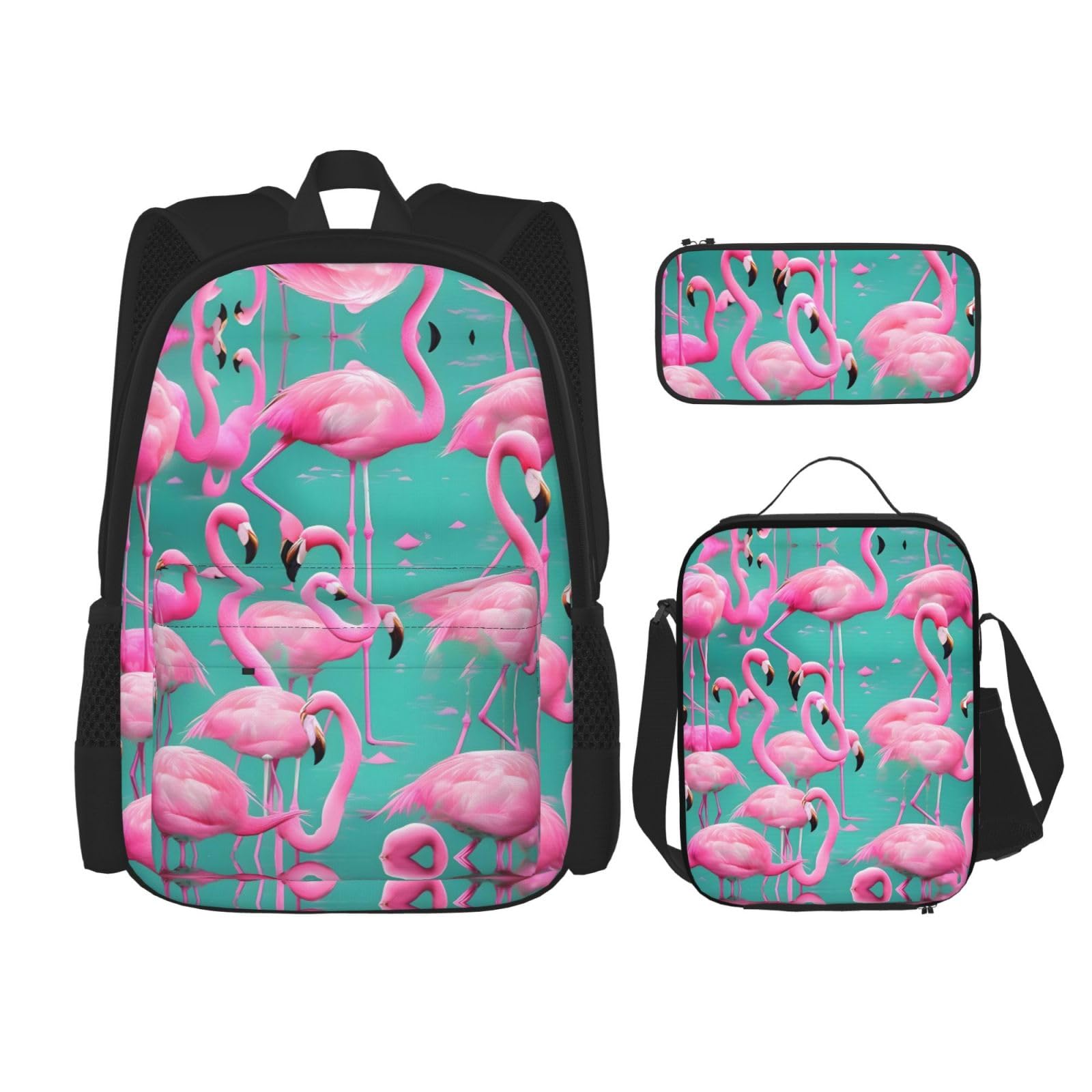 WURTON Lunchbox mit niedlichem Flamingo-Druck, Federmäppchen, Rucksack-Set, 3-teilig, verstellbare Riemen, langlebig, leicht, Schwarz, One Size