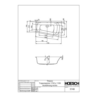 Hoesch Trapez-Badewanne THASOS 1750 x 1100 x 490 mm, rechte Ausführung weiß