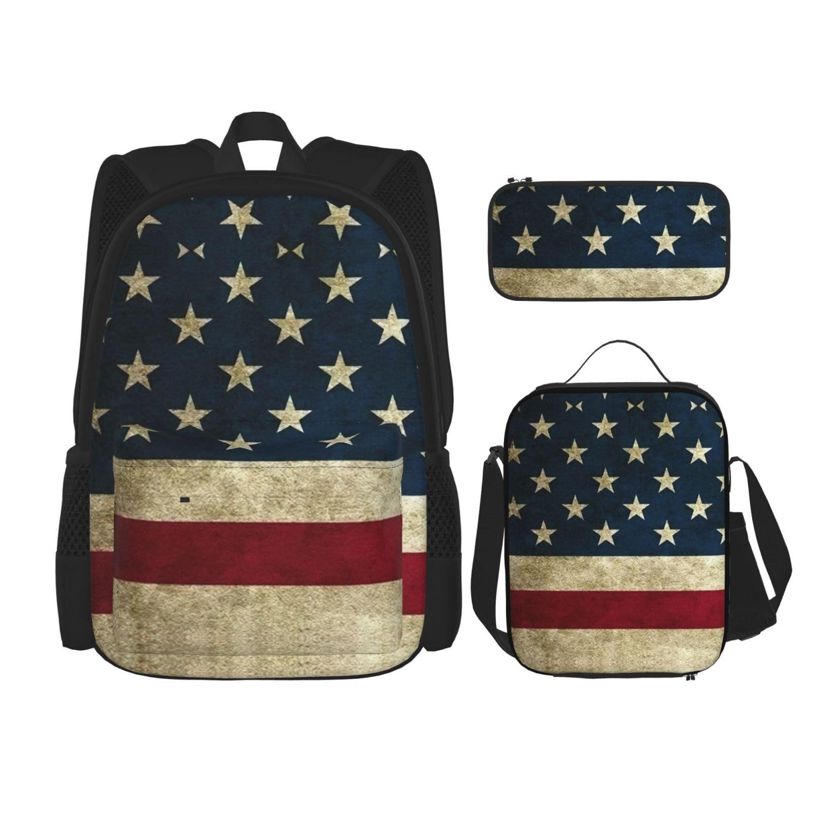 WURTON Rucksack mit amerikanischer Flagge, für Mädchen und Jungen, Schultaschen, Lunchbox und Federmäppchen, 3-in-1-Büchertaschen-Set