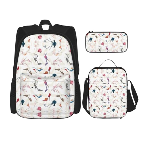 WURTON High Heel Schuhe Druck Verstellbare Schultergurte Rucksack Set Mittagessen Tasche Federmäppchen Kombination Taschen Set