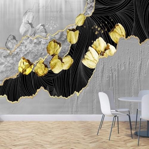 Goldene Tulpe Schwarze Linie 3D Tapete Poster Restaurant Schlafzimmer Wohnzimmer Sofa TV Dekorative Wand-150cm×105cm