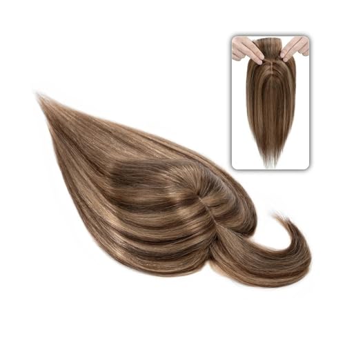 Haartopper für Frauen 6"-18" glattes Echthaar-Topper-Haarteil mit Pony, 7 * 12,5 cm Haar-Topper auf Seidenbasis for Frauen mit schütterem Haar oder Haarausfall, 3-fach einsteckbar Haarteil Topper Toup