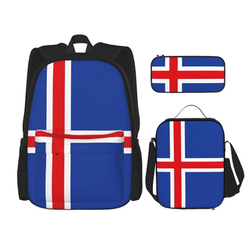 YQxwJL College-Rucksack-Set, Motiv: Flagge von Island, Reise-Tagesrucksack-Set mit Lunchbox, Federmäppchen, für Damen und Herren, Schwarz , Einheitsgröße