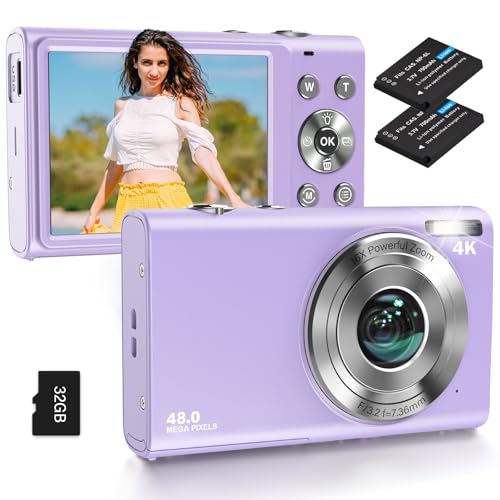 Digitalkamera, 4K Autofokus Fotoapparat Fotokamera mit 32G SD Karte HD 48MP mit 2.8" großem Bildschirm, 16X Digitalzoom, Kompaktkamera Tragbare Mini Kamera für Erwachsene, Anfänger（Lila）