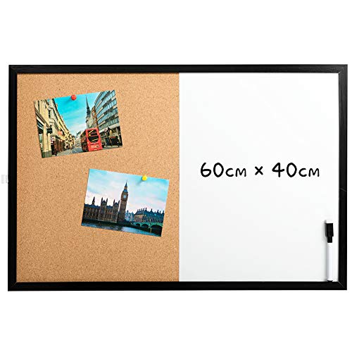 DOEWORKS 60 x 40cm Kombitafel Kork-Pinnwand Magnetisches Whiteboard und Korktafel Kombi Set, Pinnwand Korktafel mit Schwarzem Holzrahmen