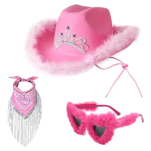 TAKOXIA Cowboyhut, Cosplay-Cowboyhüte für weibliche Western-Cowgirl-Hut, Kopftuch, Herzform, Sonnenbrille, Junggesellinnenabschied, Kostüm-Set