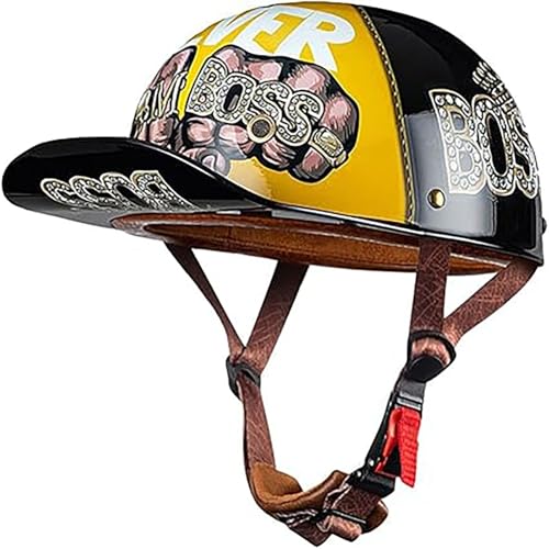 Vintage-Motorradhelm Für Männer Und Frauen, Erwachsene, Offene Motorradhelme, Retro-Halbhelm, Modische Baseballkappe, ECE-Geprüfter Neuartiger Offener Rollerhelm D,XL(61-62) CM