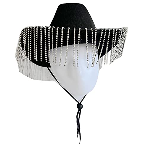 HDKEAN Cowgirl-Hut, glänzender Hut, Westernhut, Quasten, Hut, Foto-Requisiten, glitzernder Kristall, für Bühne, Cowgirl-Hut, Damen, Weiß